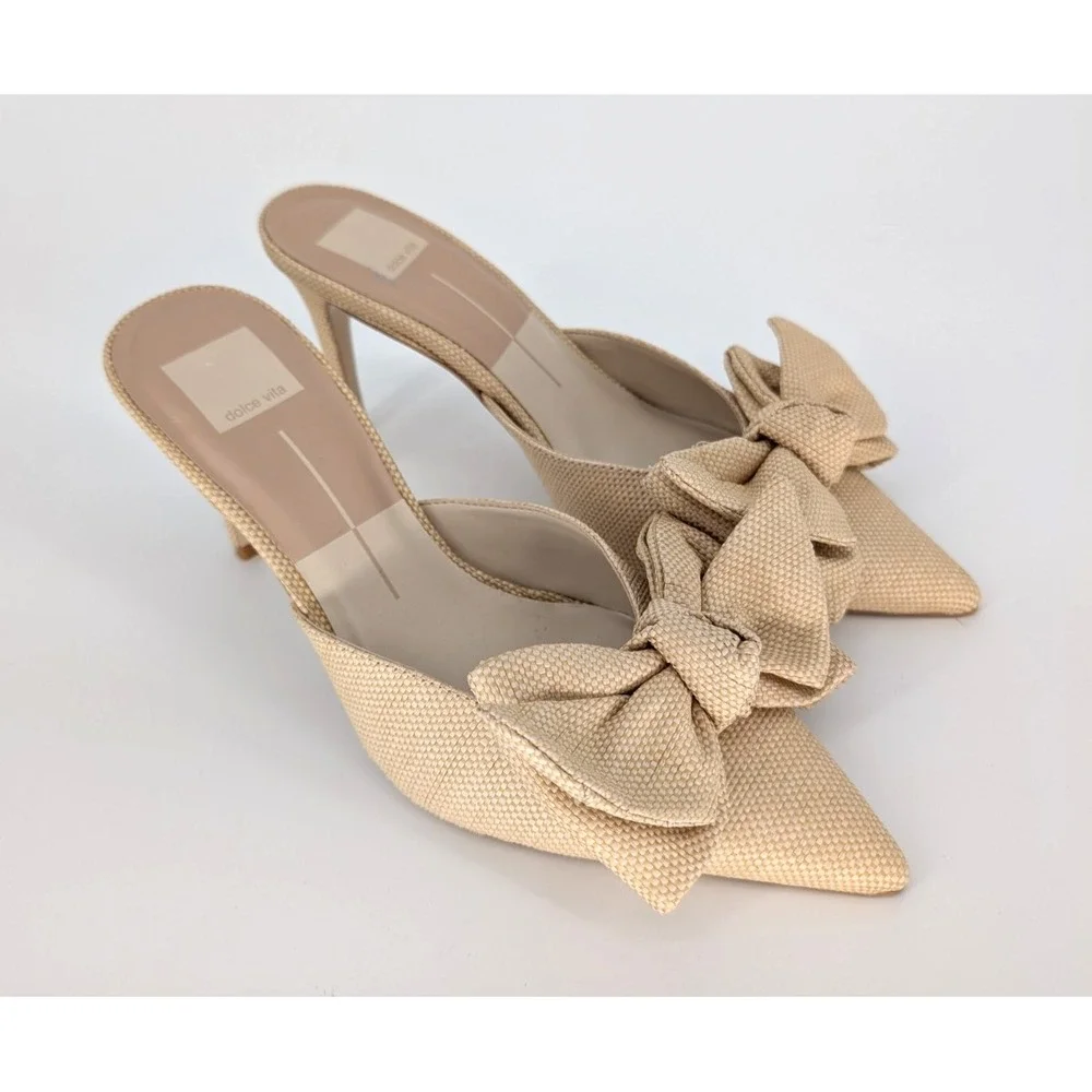 Dolce Vita Kayli Raffia Natural Bow Sandal Kitten Heel 8 Coquette Parisian Chic